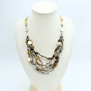 BRIGHTON Rivera Gold Silver Hammered Disk Crystal Brown Multi Cord Necklace